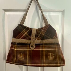 Unbranded Canvas and Suede Brown and Tan Tartan Look Shoulder Bag Two Handles